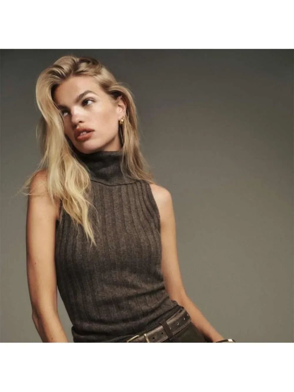 Reformation Rowyn Cashmere Turtleneck Tank Brown - Size S